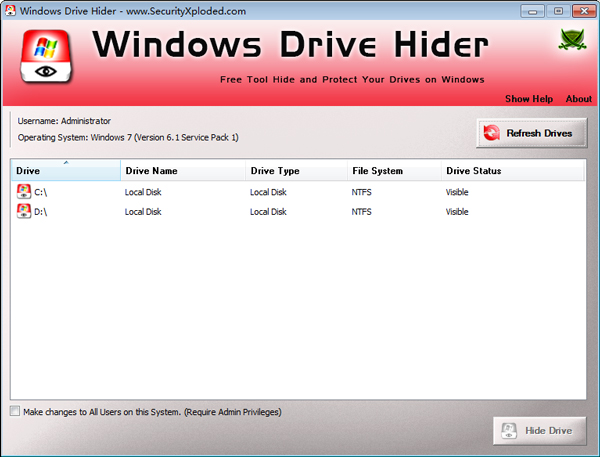 Windows Drive Hider(隐藏系统分区) V1.5 绿色版 